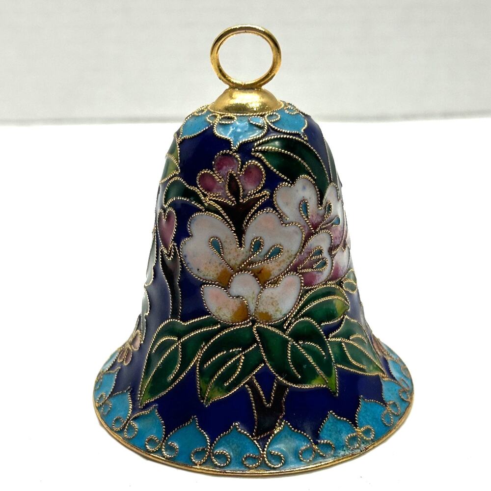 Vintage Cloisonne Floral Enamel‎ Bell Cobalt Turquoise Floral